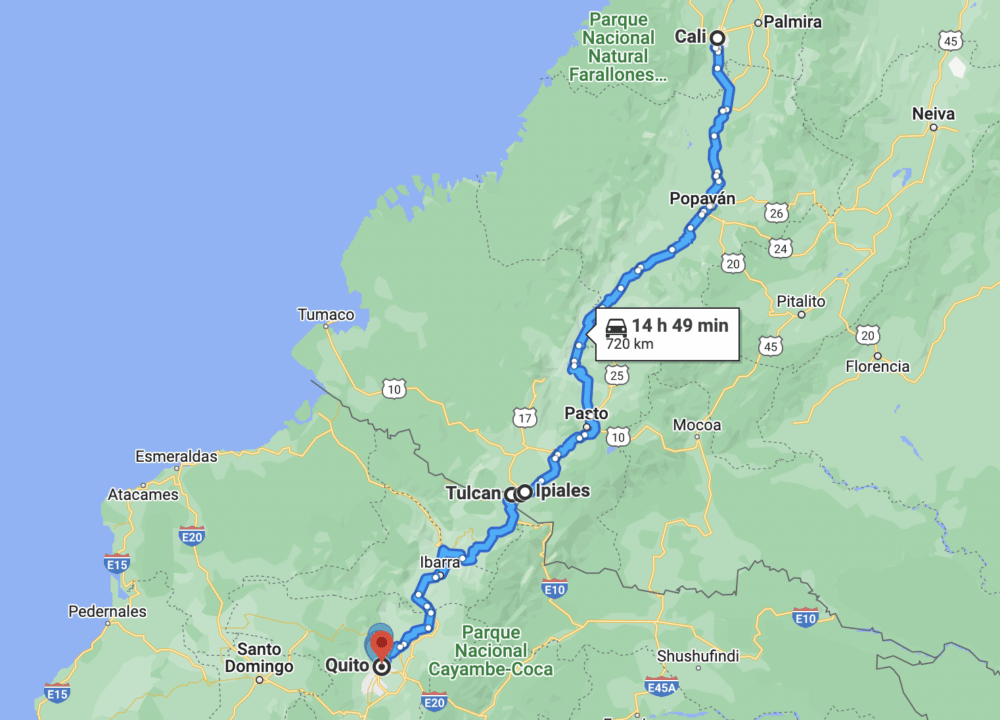 From Colombia to Ecuador by bus map